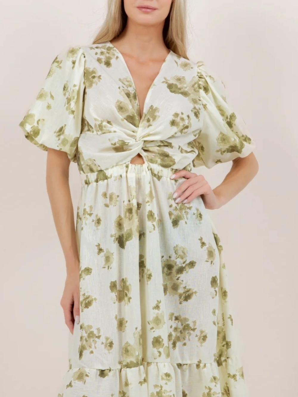 Twist-Front Olive Floral Midi Dress